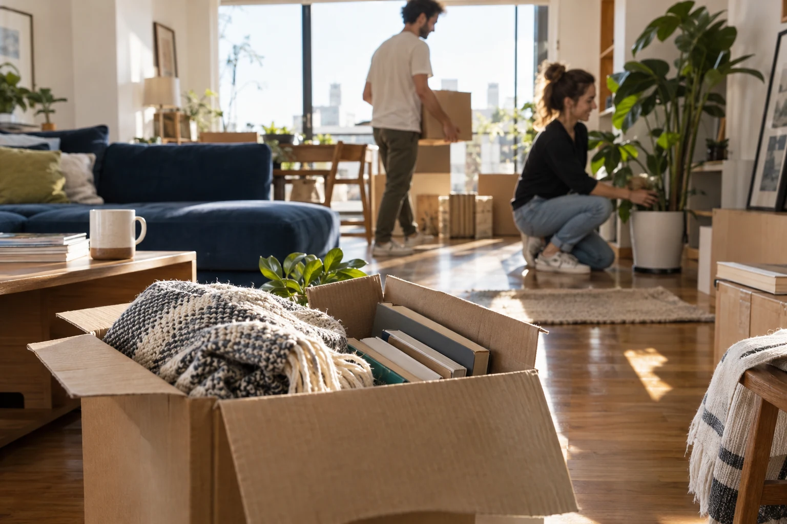 Escena ilustrativa de una pareja acomodando cajas, libros y plantas en su nuevo hogar